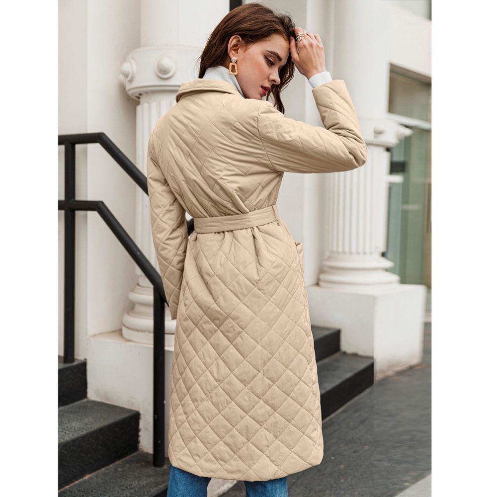 Beige Quilted Belted Coat with Pockets - Picture 4 of 17